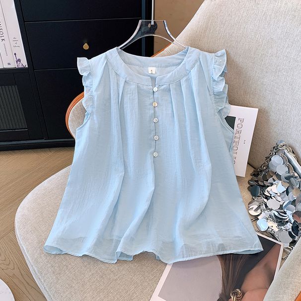 Summer New Women's French Style round Neck Pleated Shirt Youthful Small Flutter Sleeves Unique Design Trendy Top_ecoleips.com