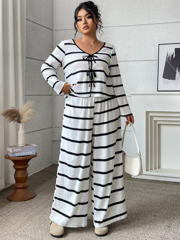 "Plus Size Striped Tie-Front Top & Wide Leg Pants Set – Casual Two-Piece Outfit (Black, XL-4XL)"_ecoleips.com