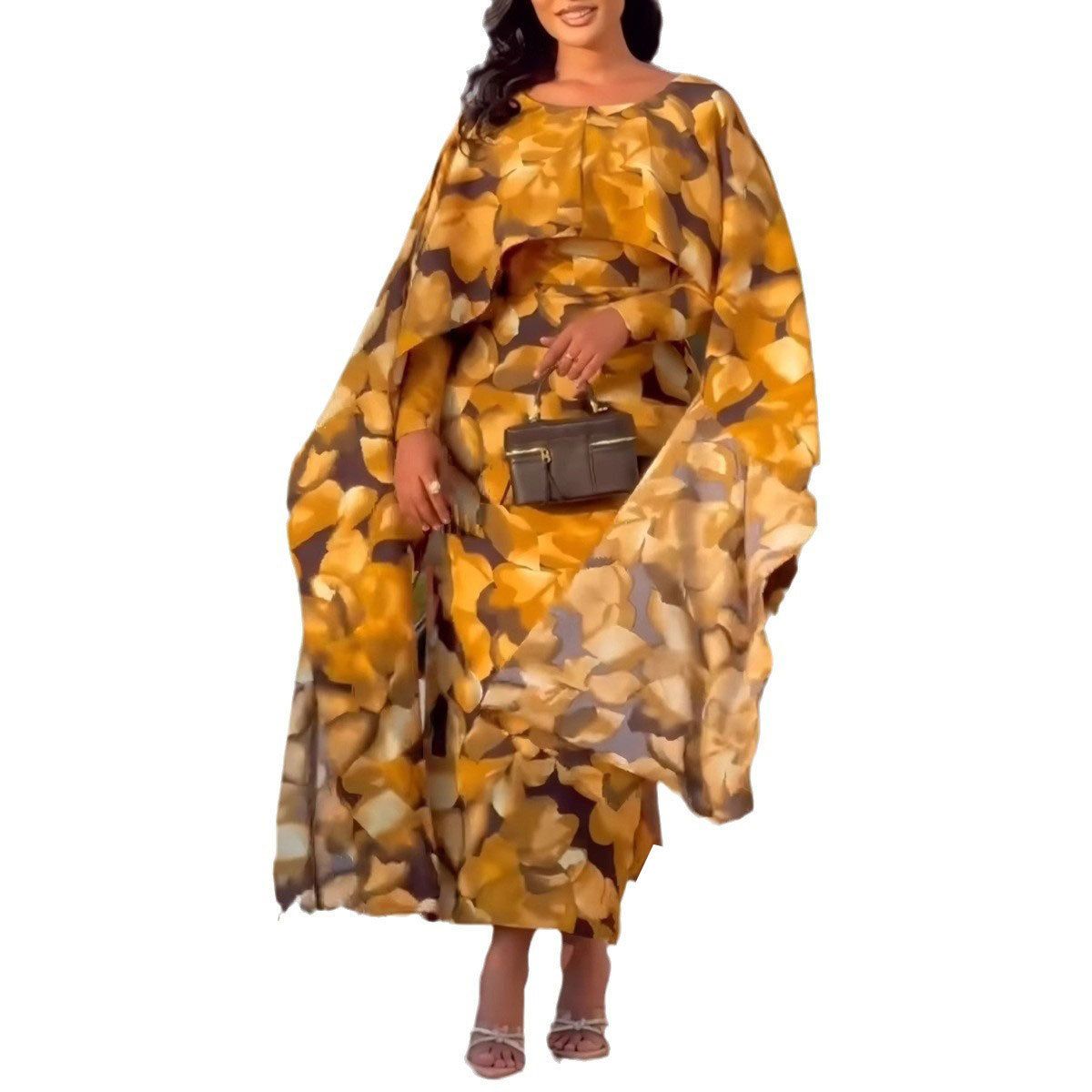 Women's Clothing Printed round neck flying sleeves hip hugging waist back slit dress_ecoleips.com