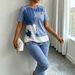 Tie-Dye Denim Print Jogger Set For Women, High-Stretch Knit Lounge Two Piece Outfit, Casual T-Shirt And Pants Co-Ord_ecoleips.com