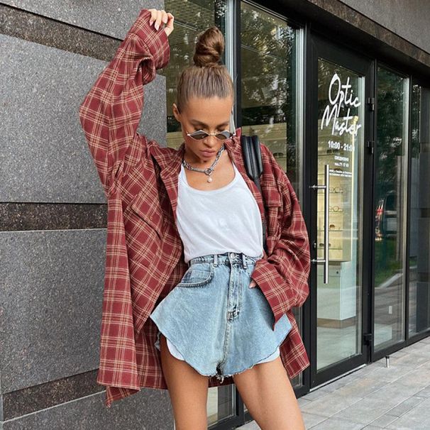 Retro American-Style Scottish Plaid Loose Shirt For Autumn, Women's Top With Checkered Pattern_ecoleips.com
