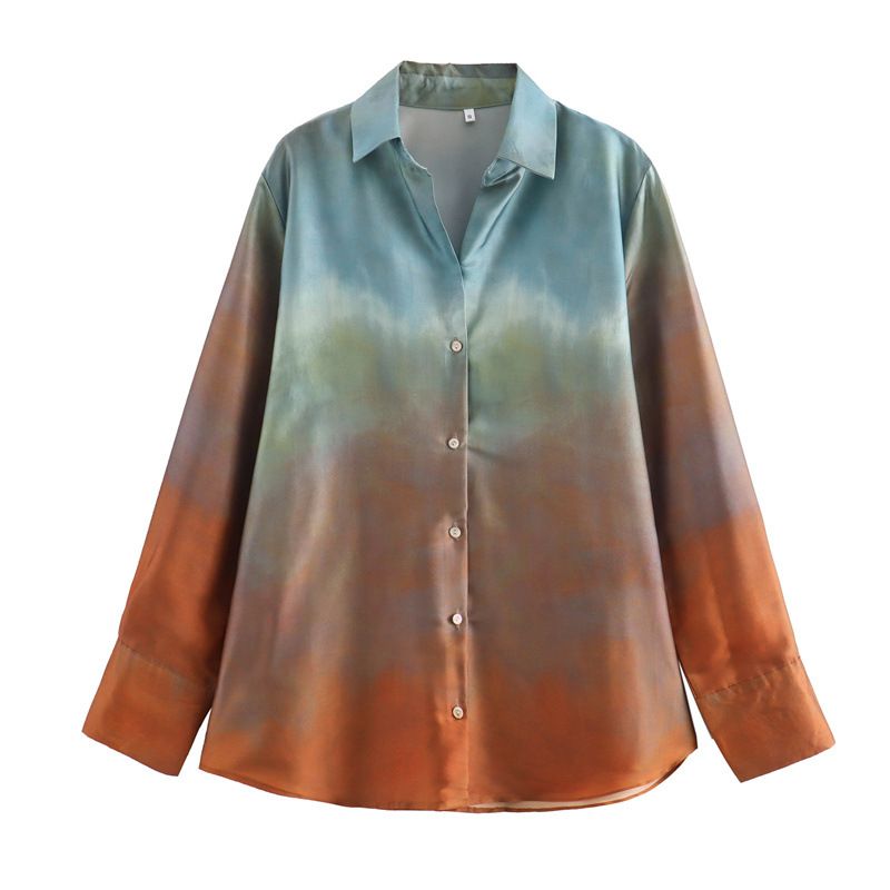 Women's Clothing Silk Satin Texture Gradient Loose Shirt Top Tie Dye Print Trousers Suit_ecoleips.com