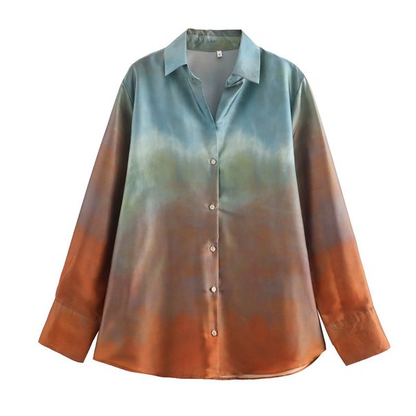 Women's Clothing Silk Satin Texture Gradient Loose Shirt Top Tie Dye Print Trousers Suit_ecoleips.com
