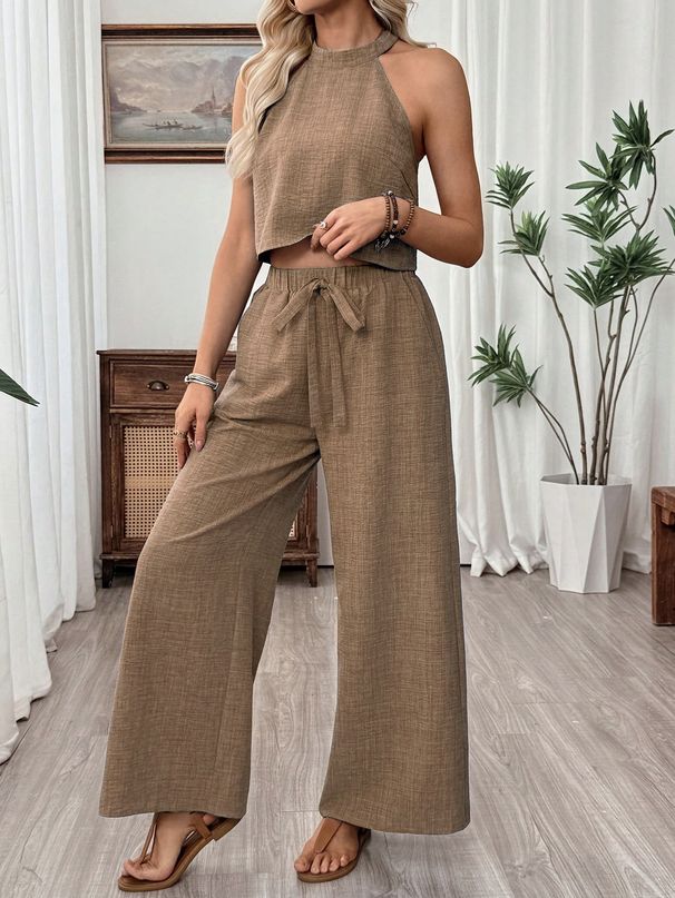 Women's Solid Color Sleeveless Halter Neck Two Piece Set Wide Leg Pants Vest Casual Spring Summer European American Style Outfit_ecoleips.com