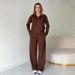 Women's Clothing Solid Color V-Neck Long Sleeve Top With Pocket & Tie-Waist Straight Pants Set - Casual Office Wear, Comfortable Polyester Outfit_ecoleips.com