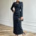 Women's Clothing Design Sense Stand Collar Tie Print Long Sleeve Dress Female Temperament Waist Slit Hip Skirt Commuter Long Skirt_ecoleips.com