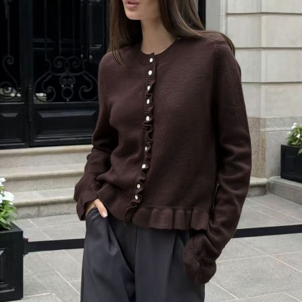 Women's Long Sleeved Ruffled Knit Cardigan Autumn/Winter Casual Solid Color Sweater Single Breasted European American Style_ecoleips.com
