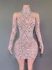 Sexy Glitter Sheer Mesh Sleeve Dress With Rhinestones - Elegant Party Mini Dress For Women, Clubwear, Evening Gala, Stage Performance_ecoleips.com