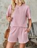 Women's Two Piece Set Short Sleeved Wavy Round Neck Top With Elastic Waist Shorts_ecoleips.com