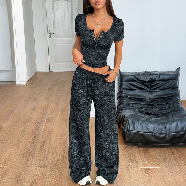 Women's Clothing Sports Yoga Button Short Sleeved Wide Leg Trousers Suit Spring And Summer_ecoleips.com