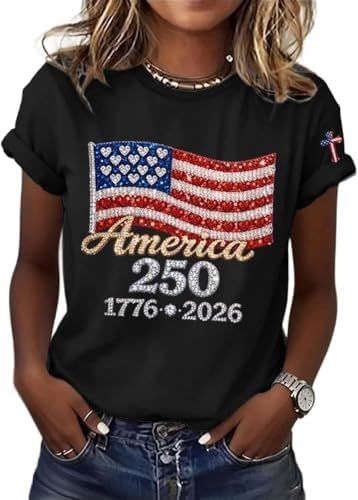 Women's 250th Anniversary American Flag Print T-Shirt, Faux Rhinestone 4th Of July Casual Style Tee Shirt_ecoleips.com
