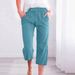 Suitable For All Seasons 2025 Women's Solid Color Drawstring Cotton Linen Casual Loose Straight Pocket Home Capri Pants_ecoleips.com