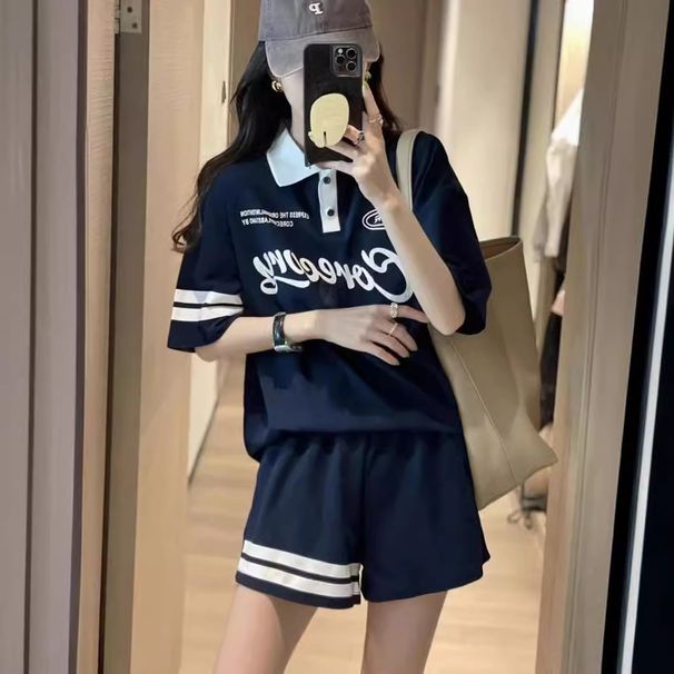 Women's Polo Collar Sports Fashion Set High-End Korean Style Summer Outfit Loose Short-Sleeved Top And Shorts Two-Piece Set_ecoleips.com