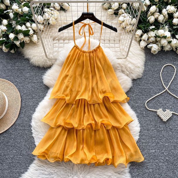 Women's Yellow Dress French Style Halter Neck Suspender Ruffle Patchwork Cake Style Short Summer 2025_ecoleips.com