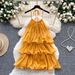 Women's Yellow Dress French Style Halter Neck Suspender Ruffle Patchwork Cake Style Short Summer 2025_ecoleips.com