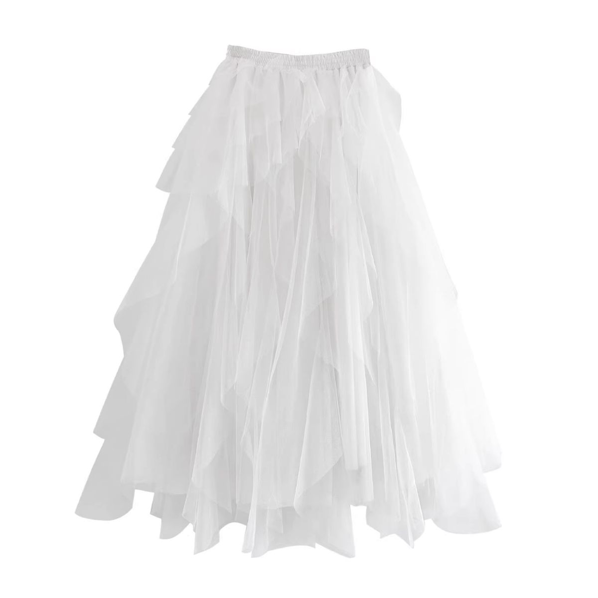 Aria Basics Aria Basics Women's Midi Fashionable Long Skirt, Solid Color, Ruffled, Fairy-like, Multi-layered, Irregular, Mid-waist, Light_ecoleips.com
