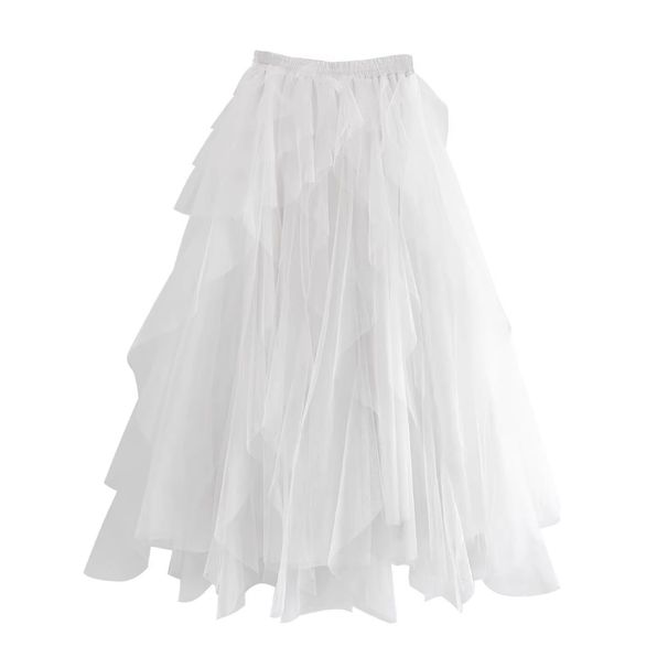 Aria Basics Aria Basics Women's Midi Fashionable Long Skirt, Solid Color, Ruffled, Fairy-like, Multi-layered, Irregular, Mid-waist, Light_ecoleips.com