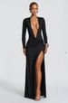 Solid Color Sexy V Neck Long Sleeve High Slit Dress Elegant Party Evening Bodycon Dress For Women Daily Wear And Formal Occasion_ecoleips.com
