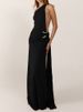 Fashion Draped Backless Slim Party Dress Sexy Diagonal Collar Metal Button Gown Elegant Sleeveless Hight Waist Solid Long Dress_ecoleips.com