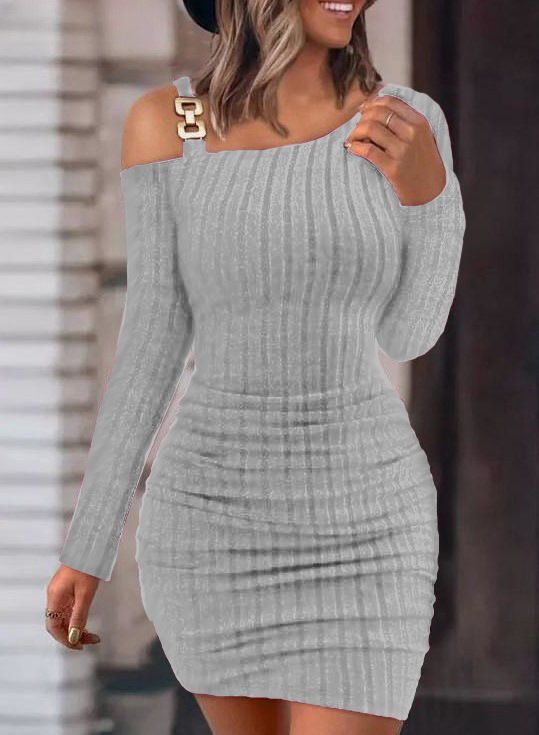 Women's Solid Color Off-Shoulder Long Sleeve Dress Metal Buckle Detail Bodycon Style for Autumn/Winter European And American Fashion_ecoleips.com