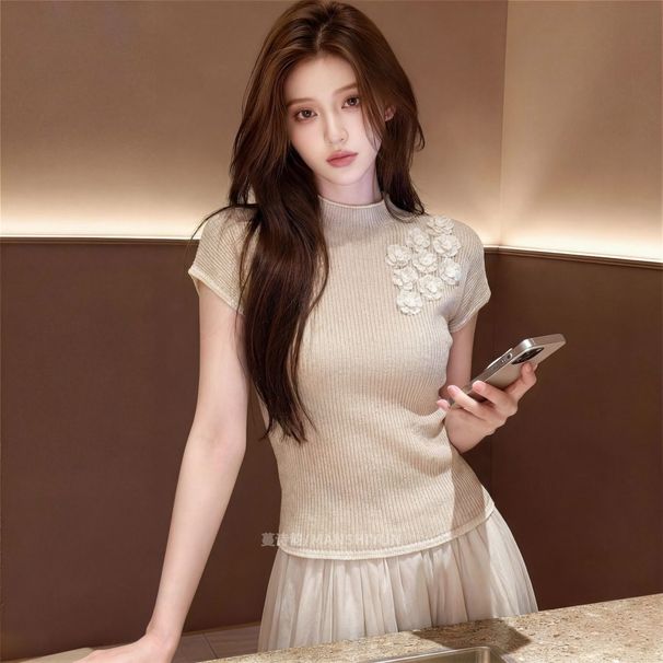 Three-dimensional Floral Short-sleeve For Women, 2026 Summer New Design, Elegant And Mature Style, Slim-fit Knit Top,_ecoleips.com