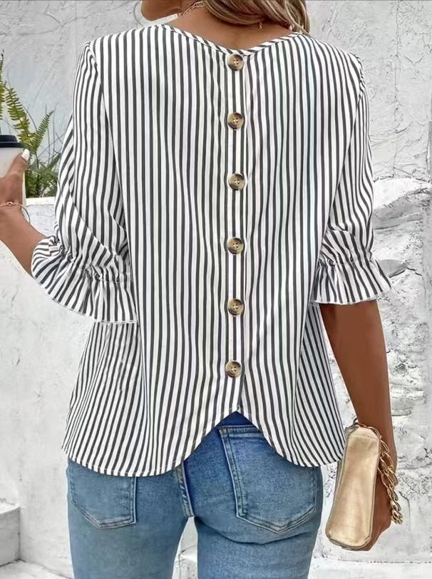 Women's Elegant Striped Printed Round Neck Shirt Fashion Top Style Best Selling New_ecoleips.com