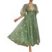 Green Tulle Evening Gown Floor Length V Neck Floral Print Puff Sleeves Sexy Long Dress Style Ball Dress_ecoleips.com
