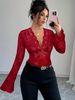 European American Cross-border 2026 Spring New Women's V-neck Lace And Mesh Bell-sleeve T-shirt Top_ecoleips.com