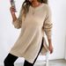 Women's Clothing Autumn Winter Knitted Sweater Casual Split Hem Long Sleeve Pullover Top_ecoleips.com