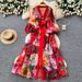 Women's Elegant V Neck Dress With Printed Lantern Sleeves Early Spring Long Sleeve Waist Tie A Line Long Skirt_ecoleips.com