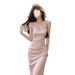 Pink Low-neck Satin Slip Dress For Women, Summer Style, Elegant Goddess Vibe, Pure And Desirable, High-end Light Luxury_ecoleips.com
