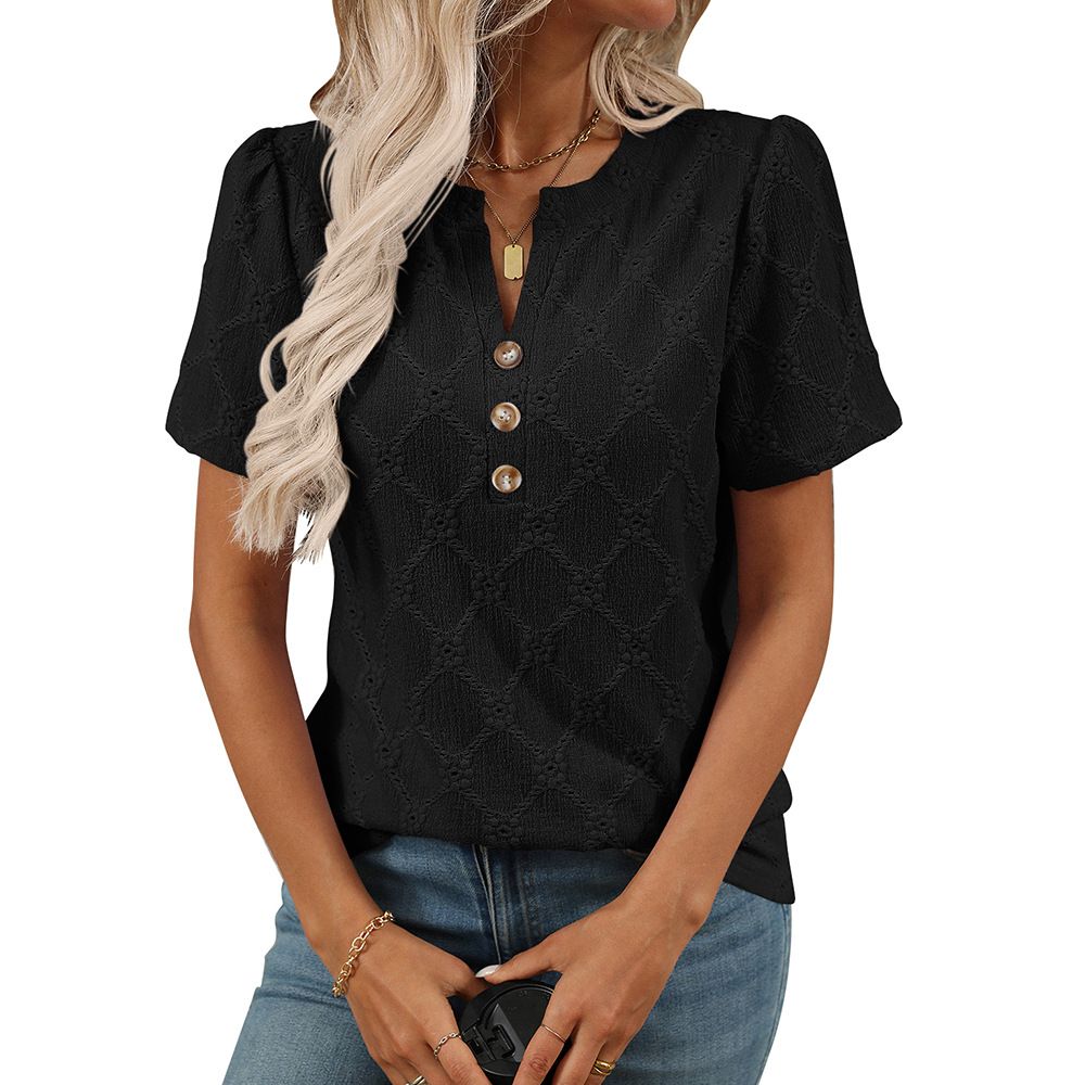 Floral Jacquard Short Sleeve Button Front T-Shirt For Women, Summer Casual Round Neck Blouse Top_ecoleips.com