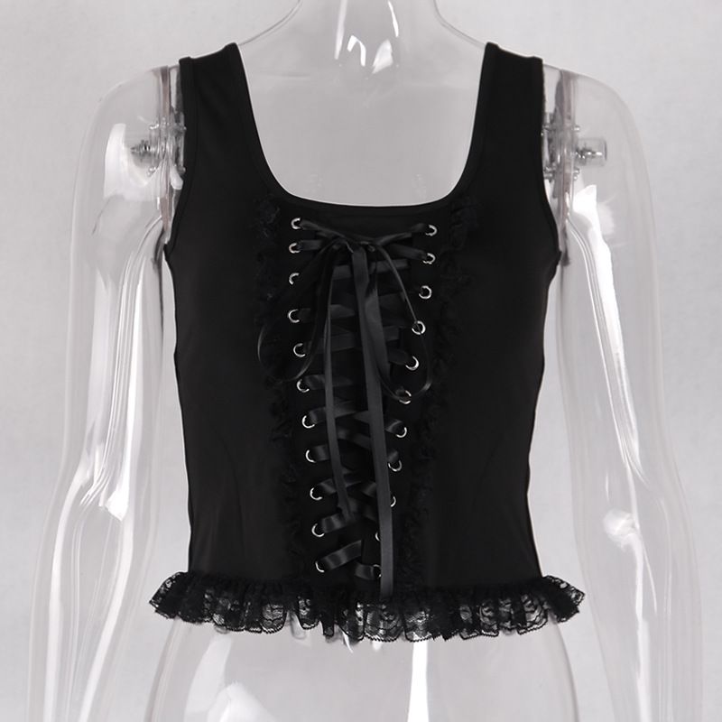 Aria Basics Aria Basics 92006 Summer Square Neck Sexy Strap Tank Women's Clothing European And American Dark Fashion Knitted Lace Camisole Top_ecoleips.com