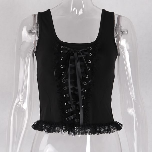 92006 Summer Square Neck Sexy Strap Tank Women's Clothing European And American Dark Fashion Knitted Lace Camisole Top_ecoleips.com