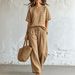 Spring/Summer Women's Loose Slimming Two-Piece Set European And American Style Cross Border Fashion Side Button Short Sleeved Top Wide Leg Pants_ecoleips.com