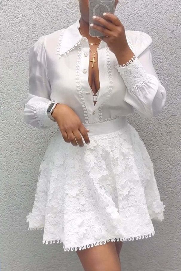 White Women's Lace Shirt And Skirt Set Button Collar Hollowed Out Cross Border Style European American Dress_ecoleips.com