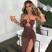 Women Glamorous Figure‑Flattering Maxi Dress With Trendy Halter Neck, Chest‑Accentuating Ruched Detail & Dramatic High Side Slit_ecoleips.com