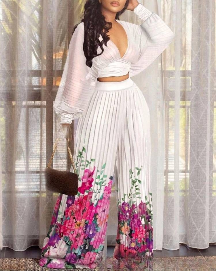 Women’s Clothing new printed V neck bat sleeve pleated pants suit_ecoleips.com