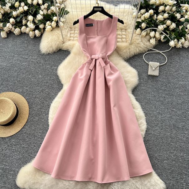 French Light Luxury Celebrity Square Collar Sleeveless Dress Female Summer Bow Waist Slim Temperament Hepburn Style Long Dress_ecoleips.com