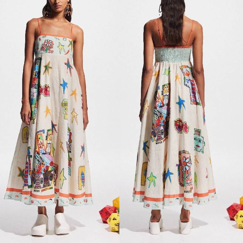 Women's Clothing Sexy Graffiti Cotton And Linen Print Positioning Sling Big Swing Dress_ecoleips.com