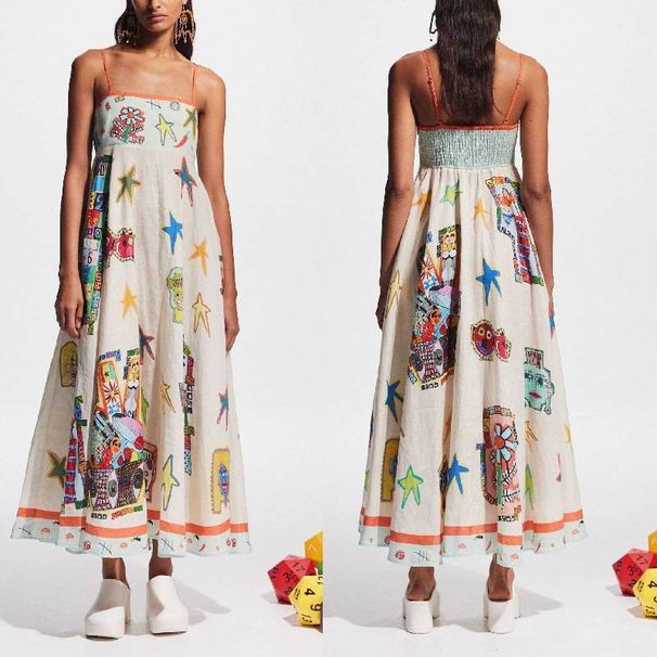 Women's Clothing Sexy Graffiti Cotton And Linen Print Positioning Sling Big Swing Dress_ecoleips.com