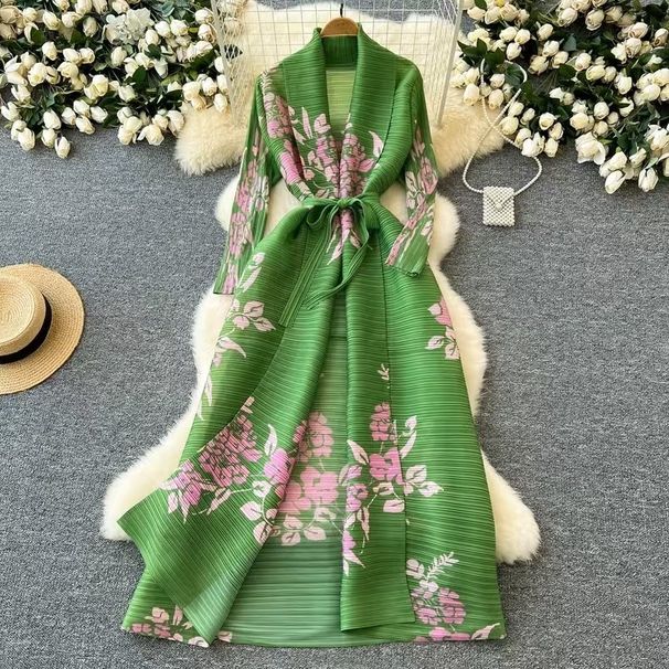 Loose Dress Fashionable Versatile Lapel Waist Cinching Belted Mid-Length Pleated Printed Coat_ecoleips.com
