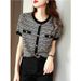 Women's Ice Silk Knitted Top Short Sleeve T-Shirt Summer Thin Round Neck Fashionable And Elegant Loose Striped_ecoleips.com