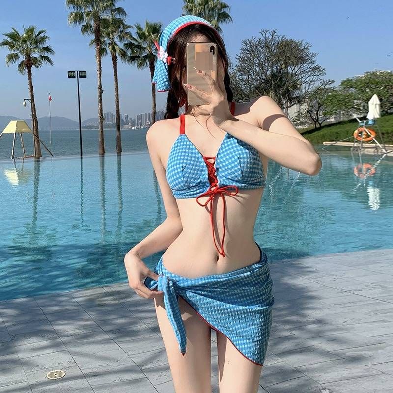 Women's Retro Plaid Bikini Swimsuit Two Piece Set With Headscarf Sexy Strappy Design Hot Girl Style Flattering For Vacation_ecoleips.com