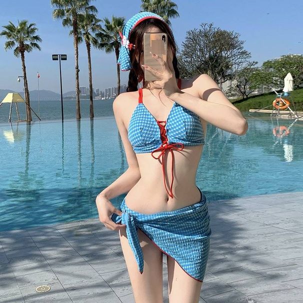 Women's Retro Plaid Bikini Swimsuit Two Piece Set With Headscarf Sexy Strappy Design Hot Girl Style Flattering For Vacation_ecoleips.com