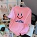 Women's Oversized Smiley Face Short Sleeve T-Shirt Casual Cotton Tee for Summer Daily Wear Multiple Colors Available_ecoleips.com