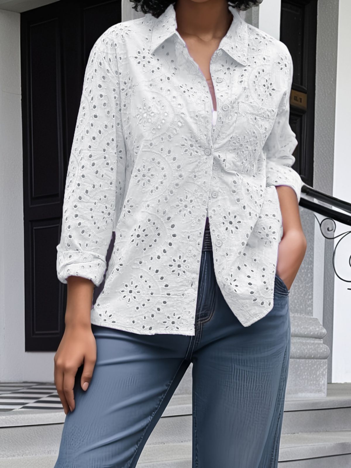 Women's Clothing Spring And Summer New Shirt Collar Loose Embroidery Hollow Large Size Shirt Tops For Women_ecoleips.com