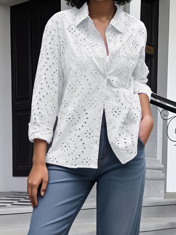 Women's Clothing Spring And Summer New Shirt Collar Loose Embroidery Hollow Large Size Shirt Tops For Women_ecoleips.com