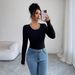 Women's Knitted Long Sleeve Top Black Patchwork Lace Trim Fitted Textured Ribbed European American Style Spring_ecoleips.com