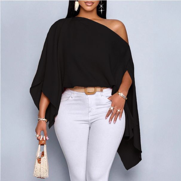 Women's Casual Off-Shoulder Blouse Elegant Solid Color Loose Batwing Sleeve Top For Office Lady Street Fashion_ecoleips.com